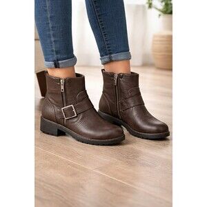 Clarks Leather Moto Buckle Dual Zip Ankle Boots Women’s Size 8 Brown Pebbled